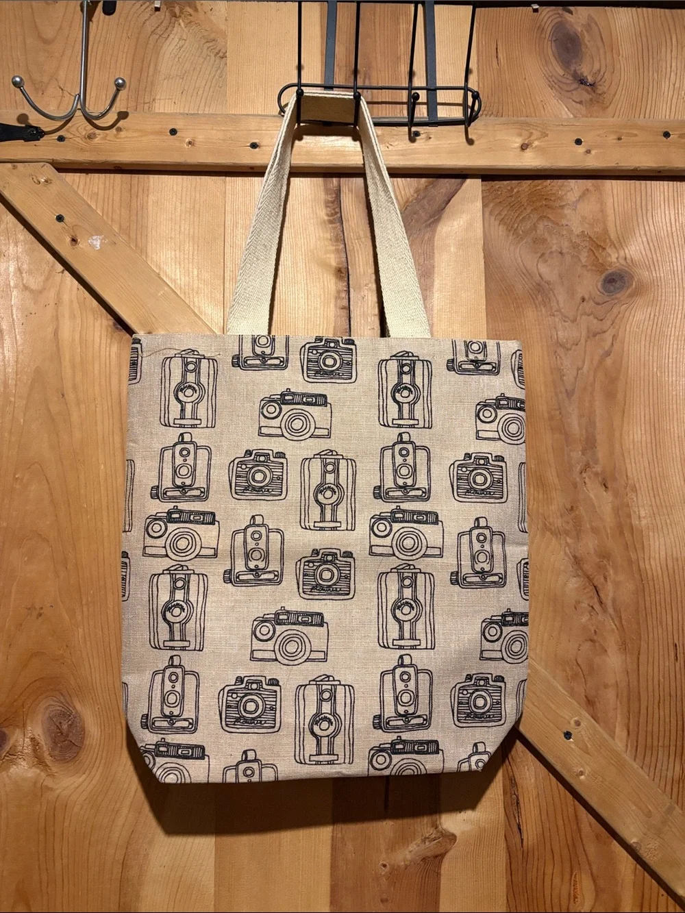 Retro Camera Print Canvas Tote in Beige and Black